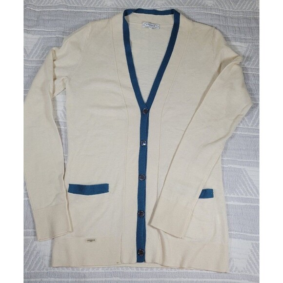 L’Etoile Sport 100% Cashmere Cardigan Women’s Small Cream Blue Trim Button Front - Picture 1 of 6
